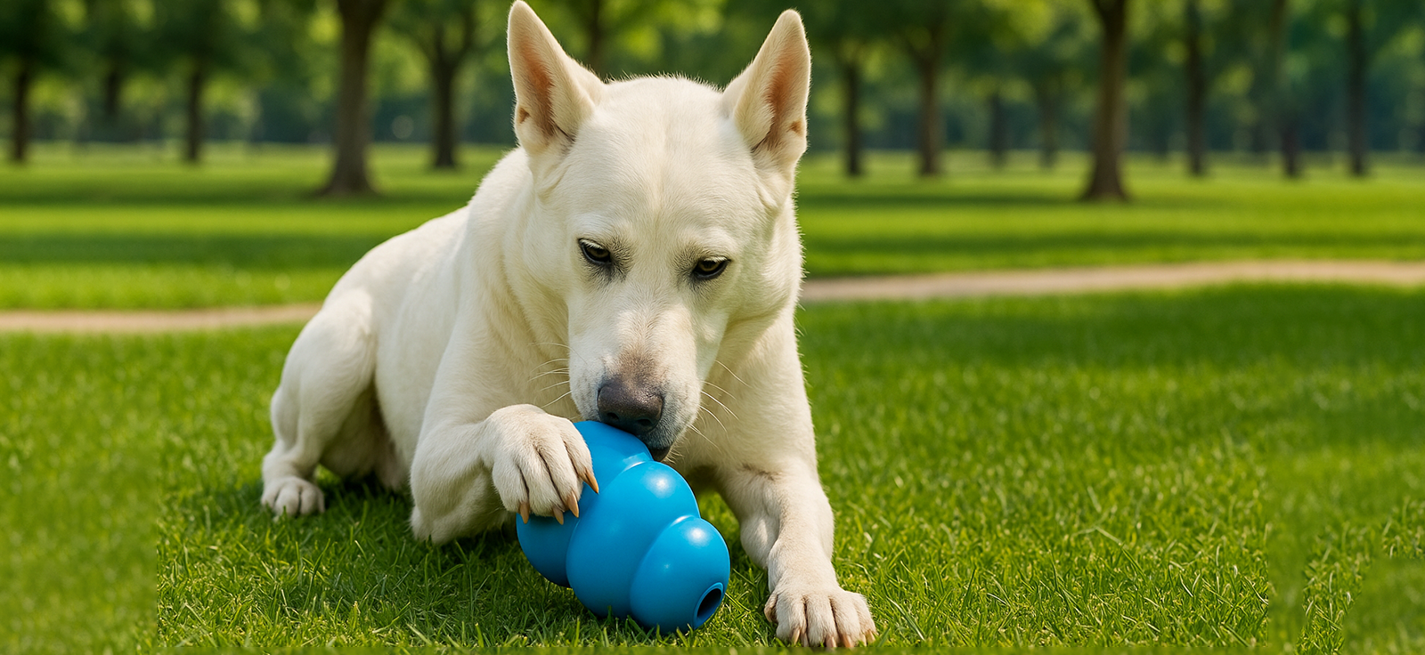 White dog playing with a blue ball on a grassy field