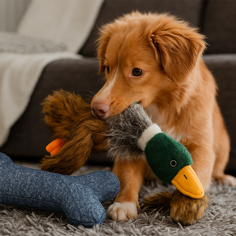 Dog playing with a duck toy on a carpeted floor.