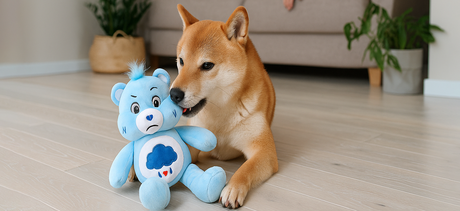 Dog sitting on a wooden floor next to a blue teddy bear with a cloud design.