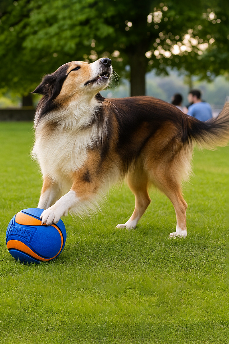 Dog playing with a blue and orange ball on a grassy field