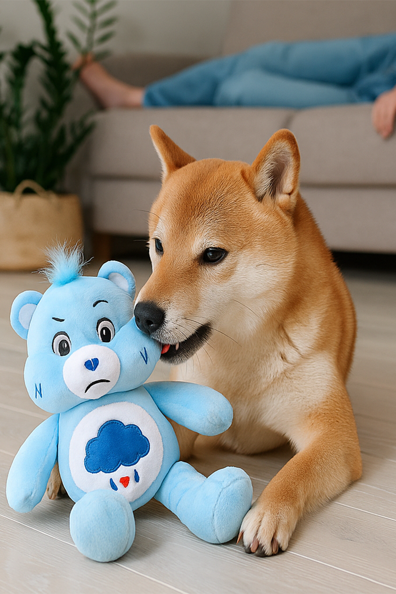 Dog playing with a blue teddy bear toy on a tiled floor.