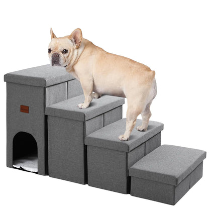 JOLLYVOGUE 4-Tier Pet Stairs with Storage – Foldable, Non-Slip Dog Steps for Beds & Couches