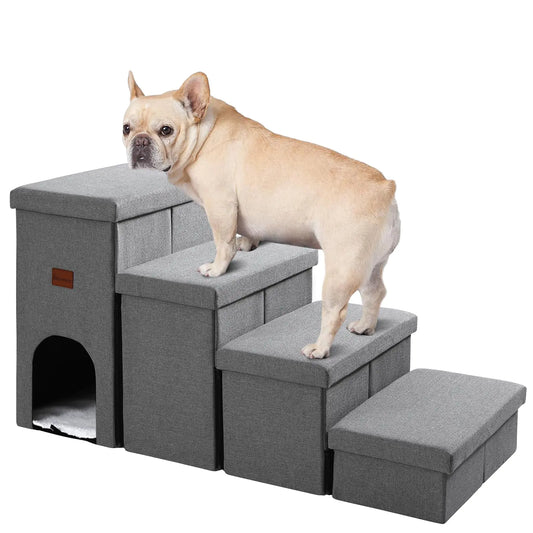 JOLLYVOGUE 4-Tier Pet Stairs with Storage – Foldable, Non-Slip Dog Steps for Beds & Couches
