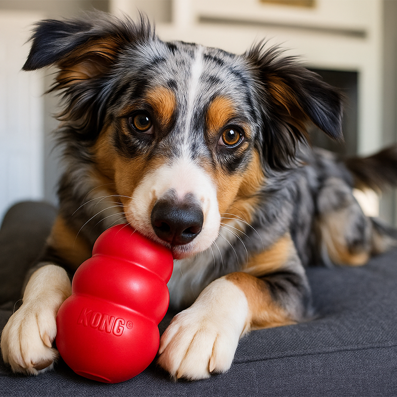 Dog playing with a red KONG toy on a couch