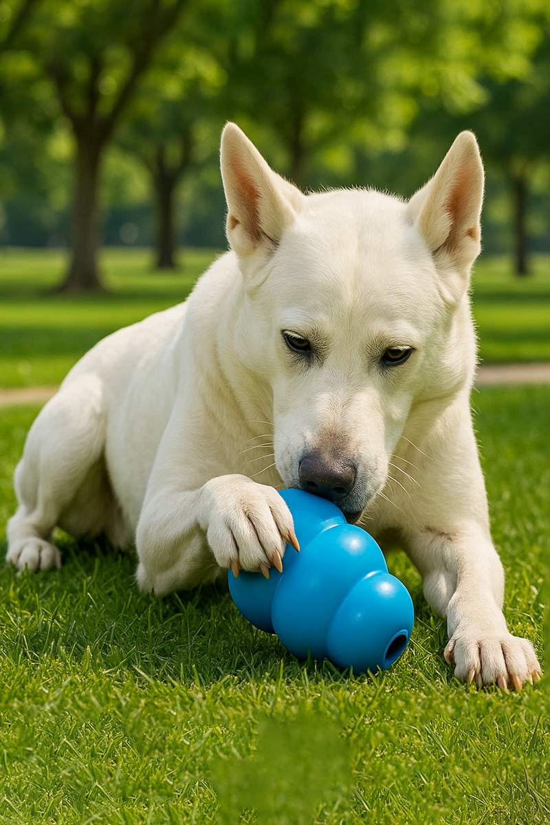 White dog playing with a blue toy on grass