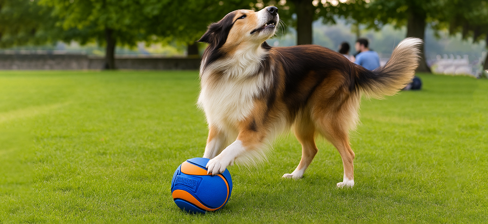Dog playing with a ball on a grassy field with trees in the background