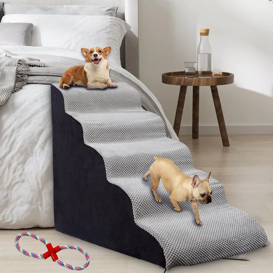 5-Step Dog Stairs – 24" High, Non-Slip Foam Pet Steps for Beds & Couches, Washable Cover (Light Grey)